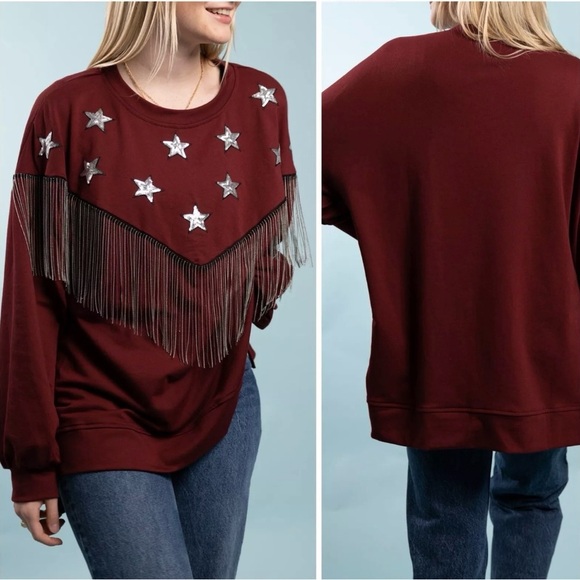 Fantastic Fawn Maroon French Terry Metal Fringe & Stars Sweatshirt Western SZ M - Picture 1 of 9